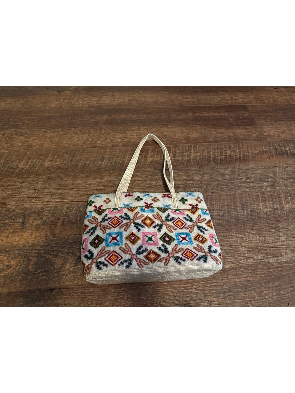 Vintage Beaded Tote Bag with Colorful Geometric Pattern and Faux Leather Handles